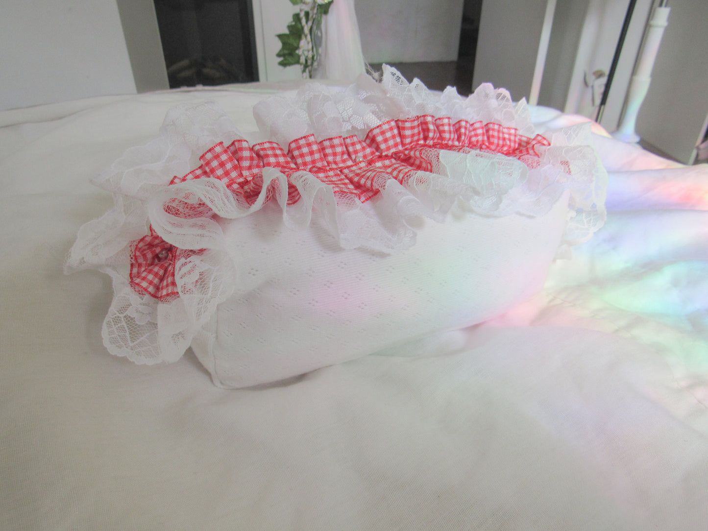 Red Gingham Lace Pointelle Makeup Bag