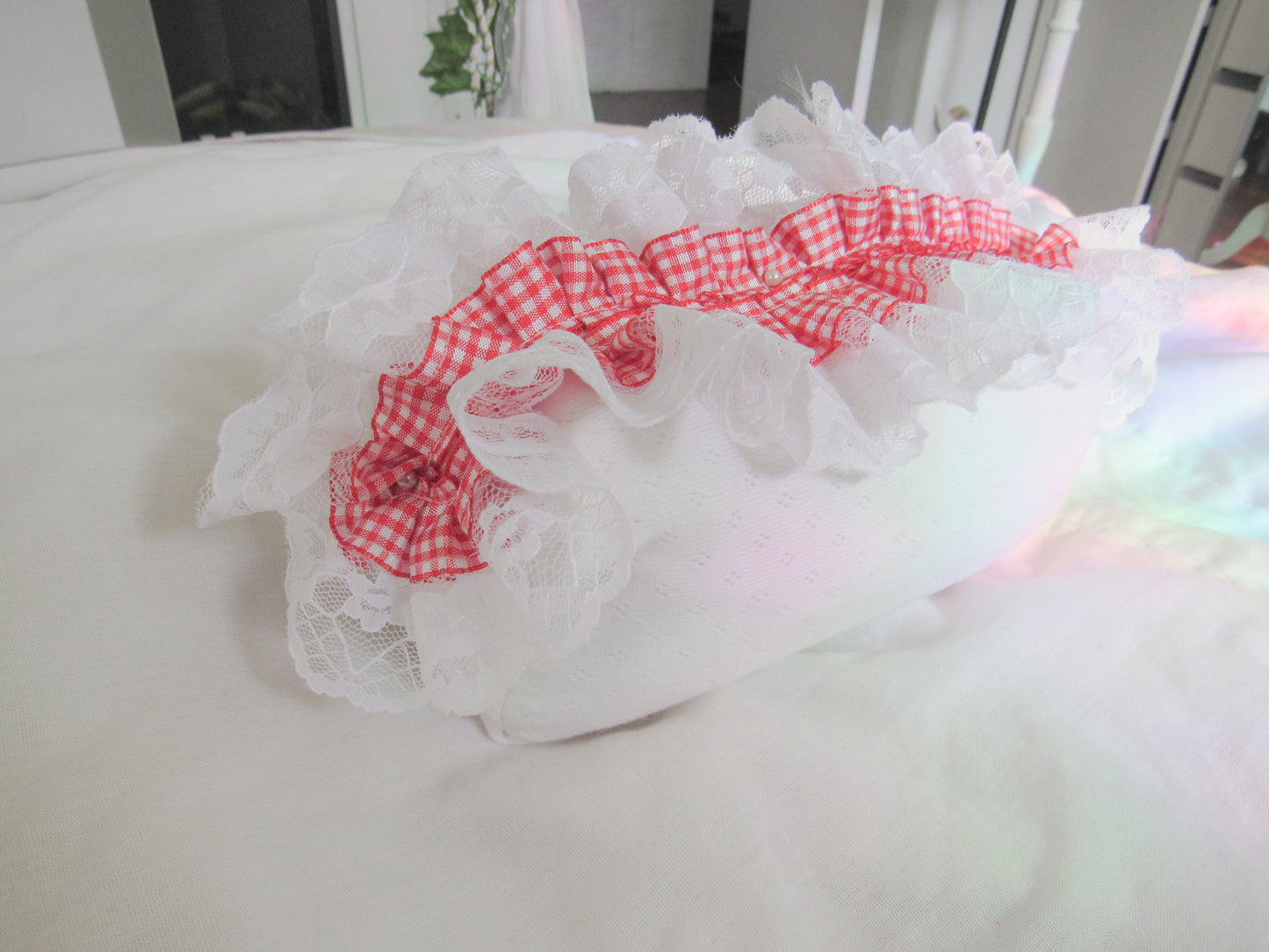 Red Gingham Lace Pointelle Makeup Bag