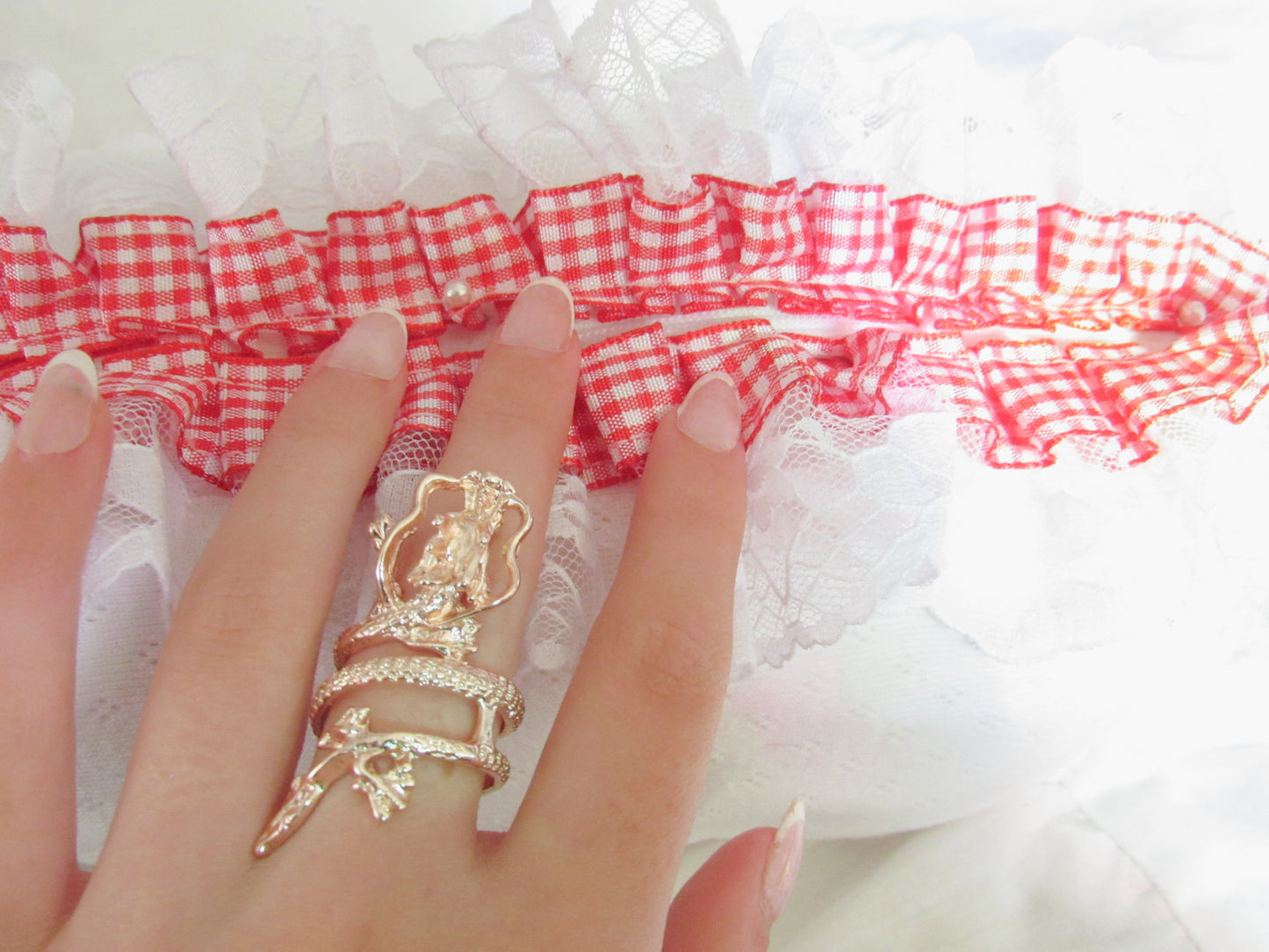 Red Gingham Lace Pointelle Makeup Bag