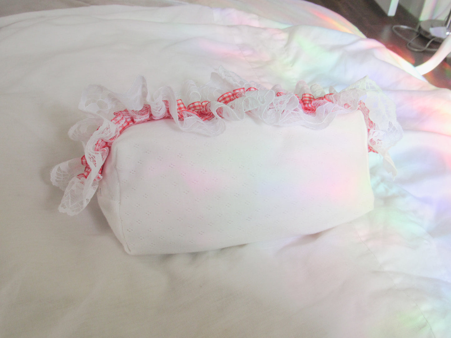 Red Gingham Lace Pointelle Makeup Bag